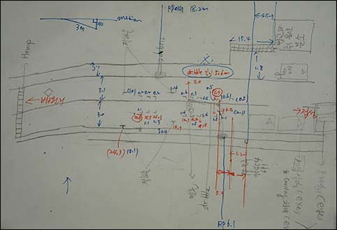 김남일씨가 "액체 낙하물(Lubricant Debris)이 5.6m `드리블(Dribble)`되었다"고 판정하고 "미군차량이 정지한 상태에서 숨진 박씨의 차량이 받았다는 것은 거짓이라는 결정적 물증"이라며 현장에서 그린 그림. 